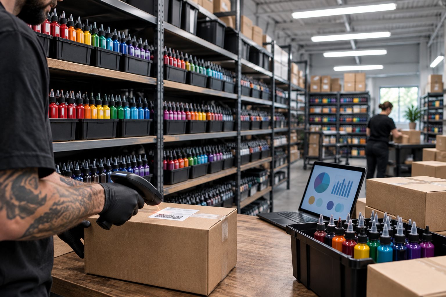 Warehouse shelving stocked with tattoo ink bottles for wholesale distribution