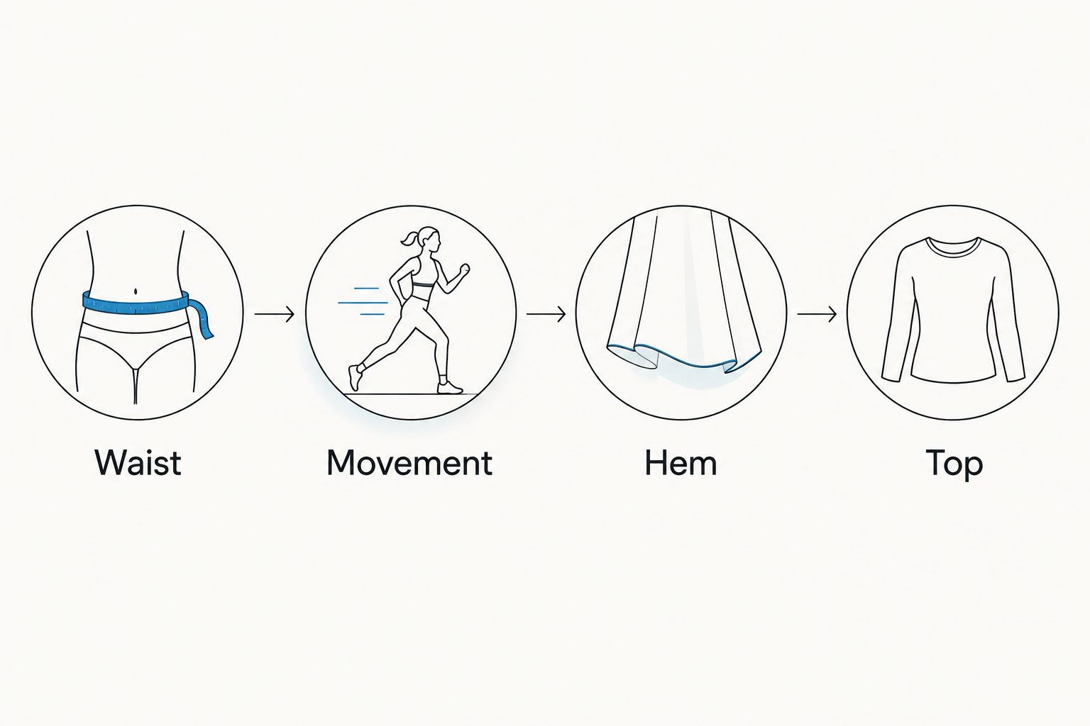 Four fit checks in order: waist, movement, hem, and top.
