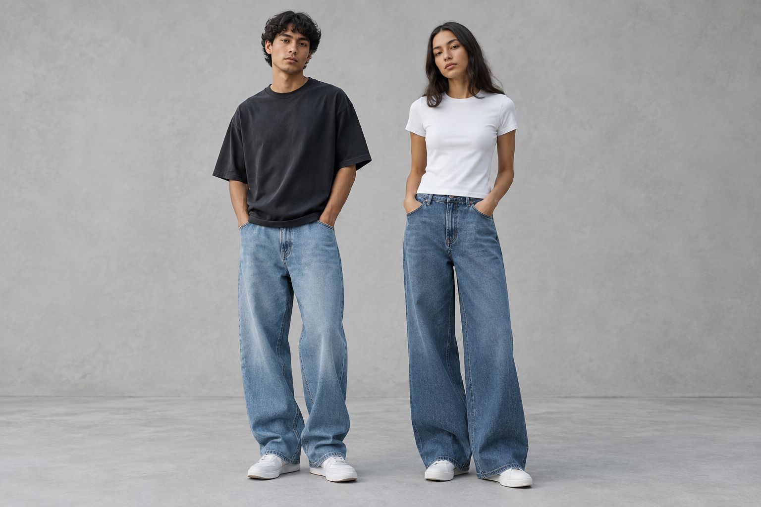 Boxy tee with straight-leg jeans beside a closer-fitting tee with wide-leg jeans.