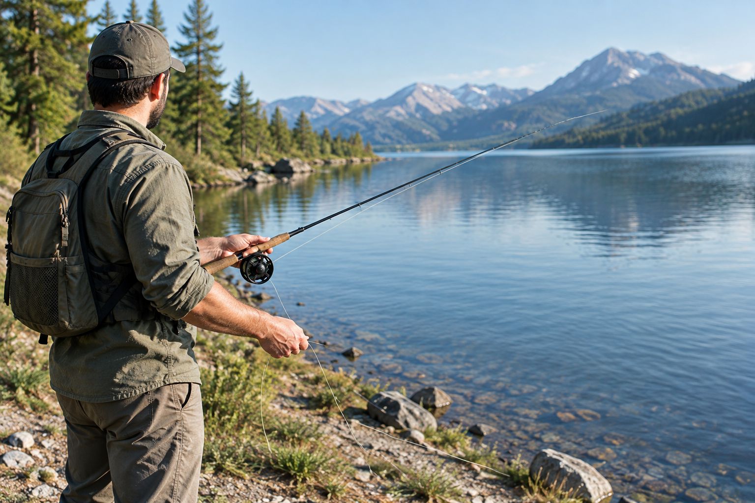 Angler managing line from a hand reel on an open pond bank