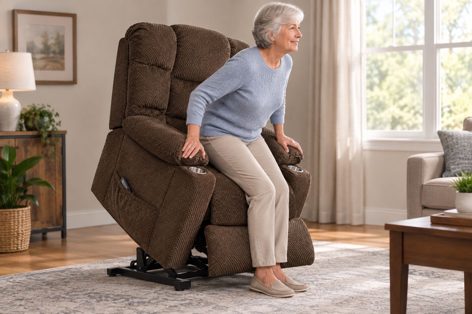 Power lift recliner mid-lift showing the seat tilted forward for standing