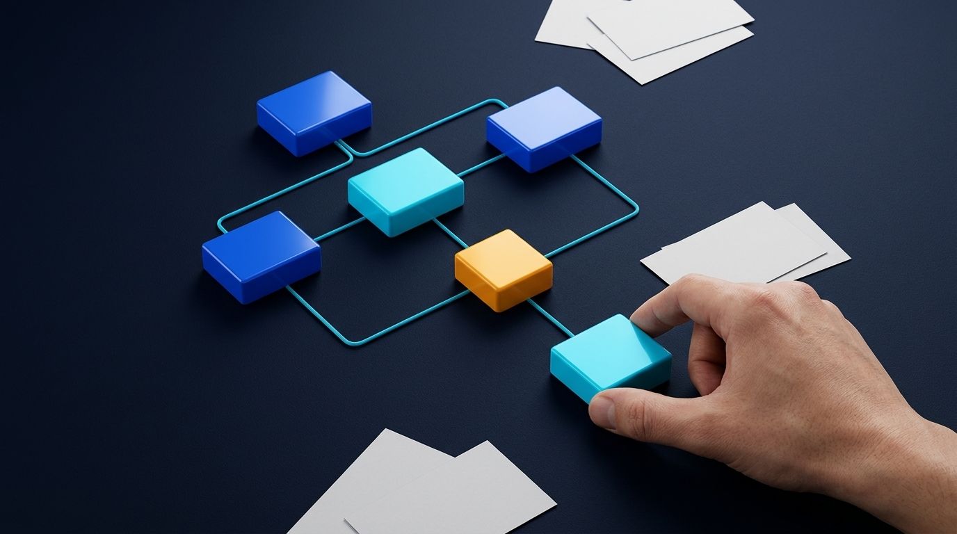 A hand arranging blue and cyan workflow blocks on a dark desk, with an amber decision point.