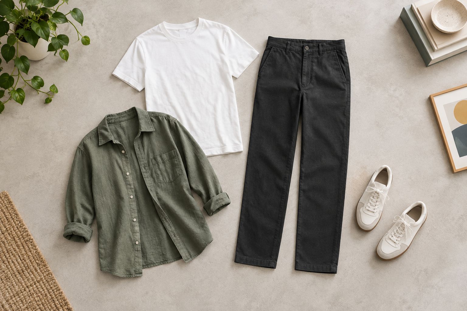 Simple tee outfit with dark trousers, an open overshirt, and understated sneakers