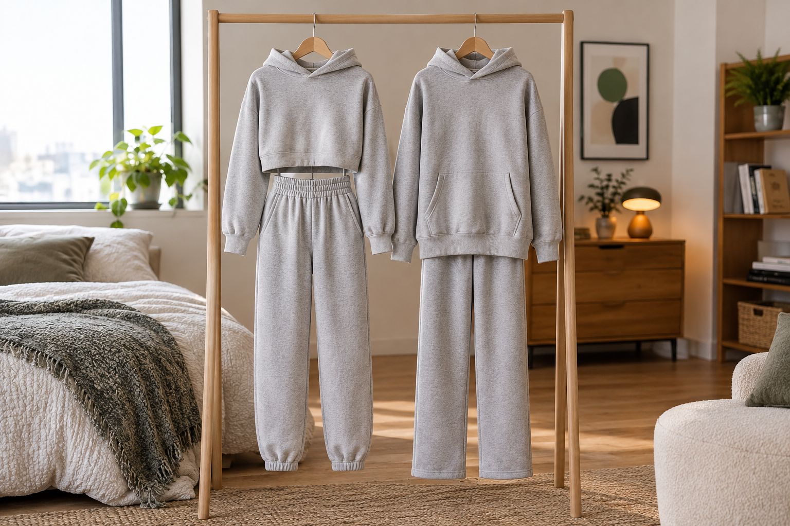 Sudadera corta y sudadera clásica junto a pantalones para comparar el largo respecto a la cintura.
