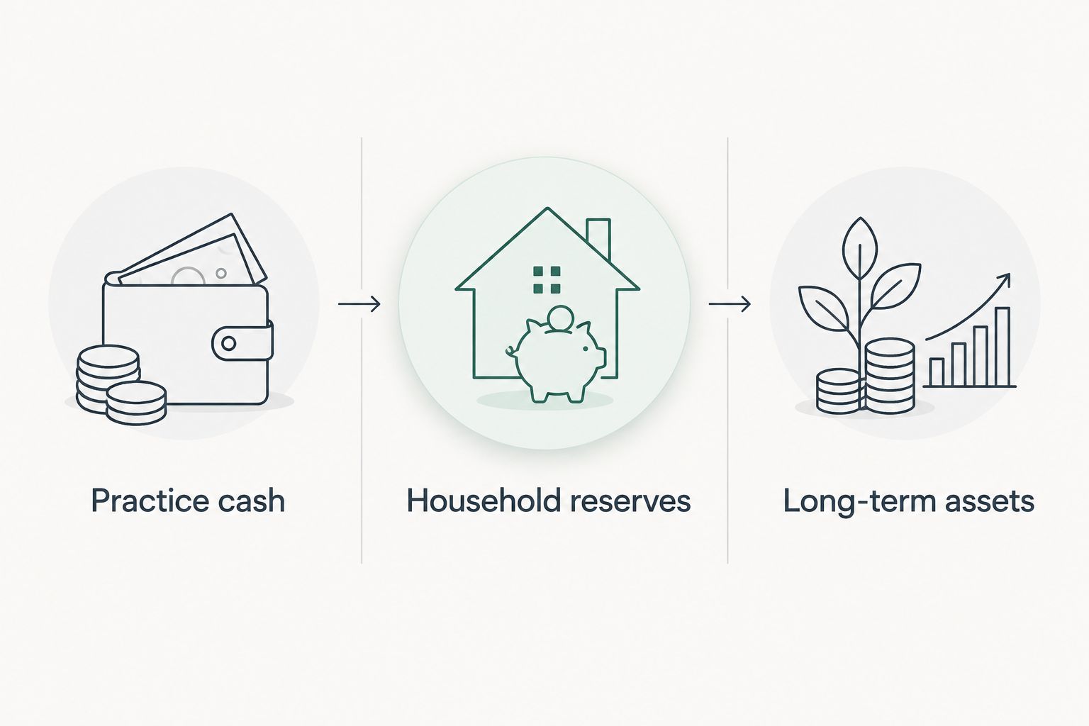 Three planning categories separating practice cash, household reserves, and long-term assets