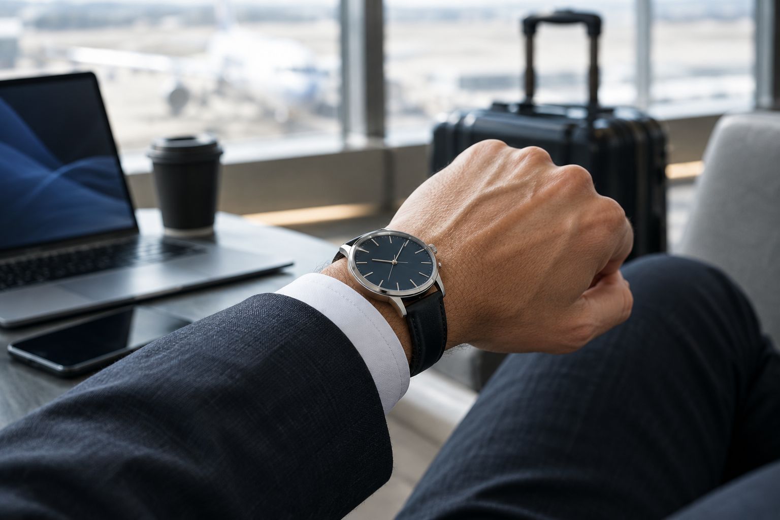 An unbranded wristwatch beside a shirt cuff showing case clearance