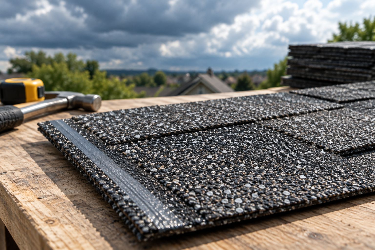 Close-up of a Class 4 impact-resistant shingle sample showing granule texture