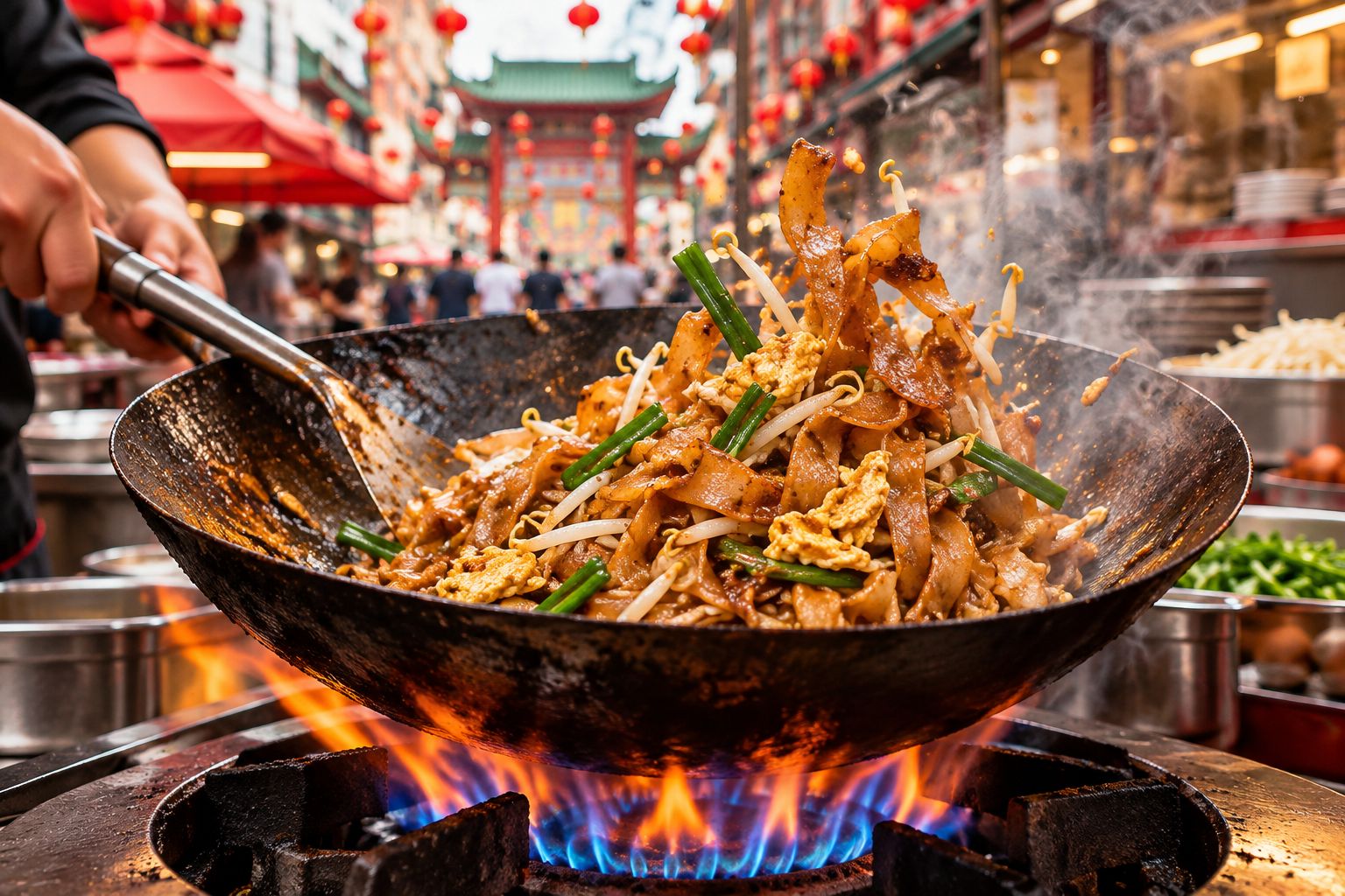 Flat rice noodles tossed in a hot wok with bean sprouts, chives and egg
