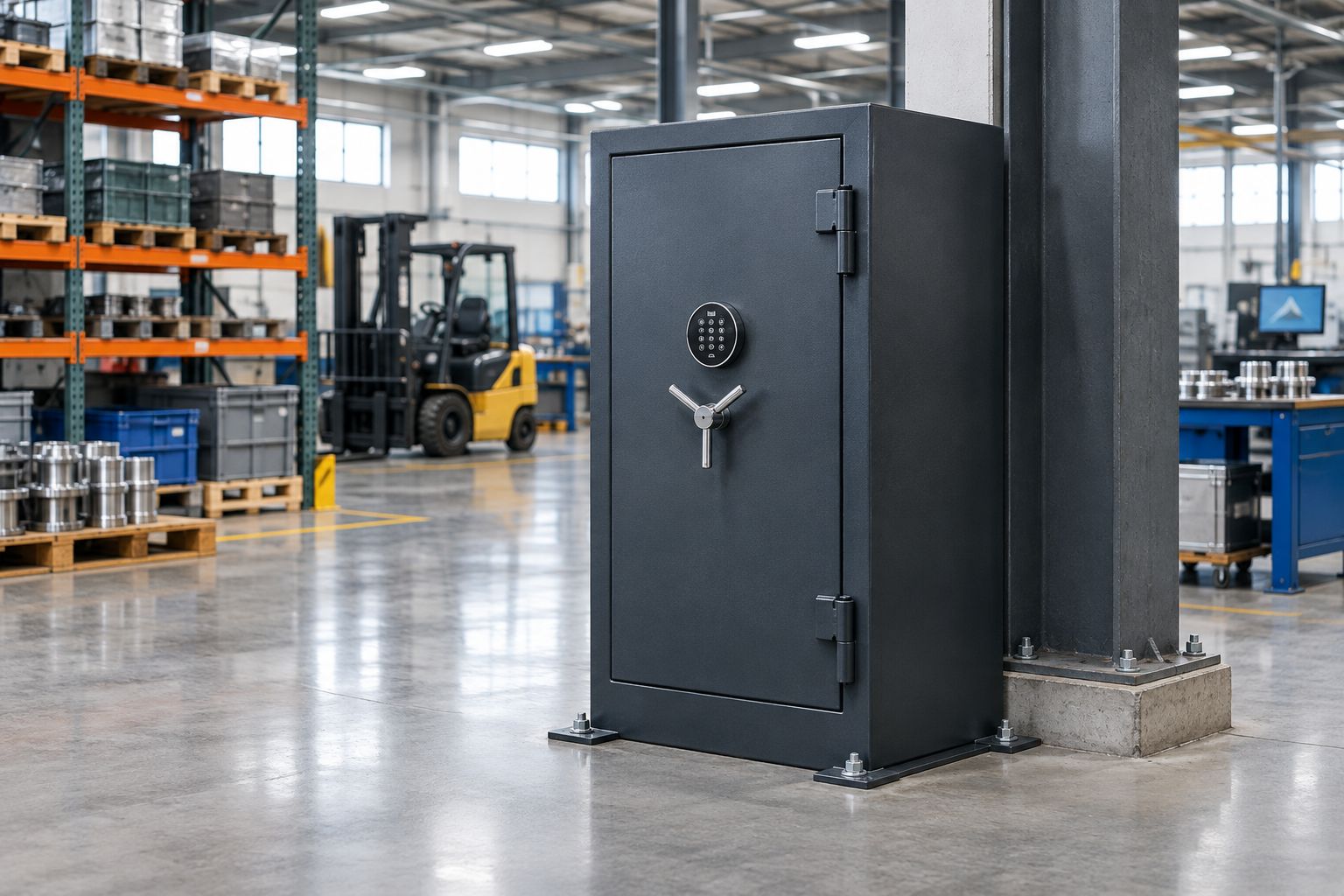 Commercial safe anchored to a concrete factory floor