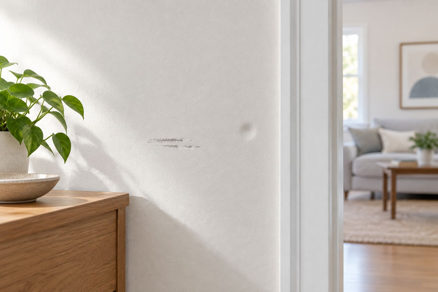 Side lighting reveals a scuff and shallow dent on a painted wall.