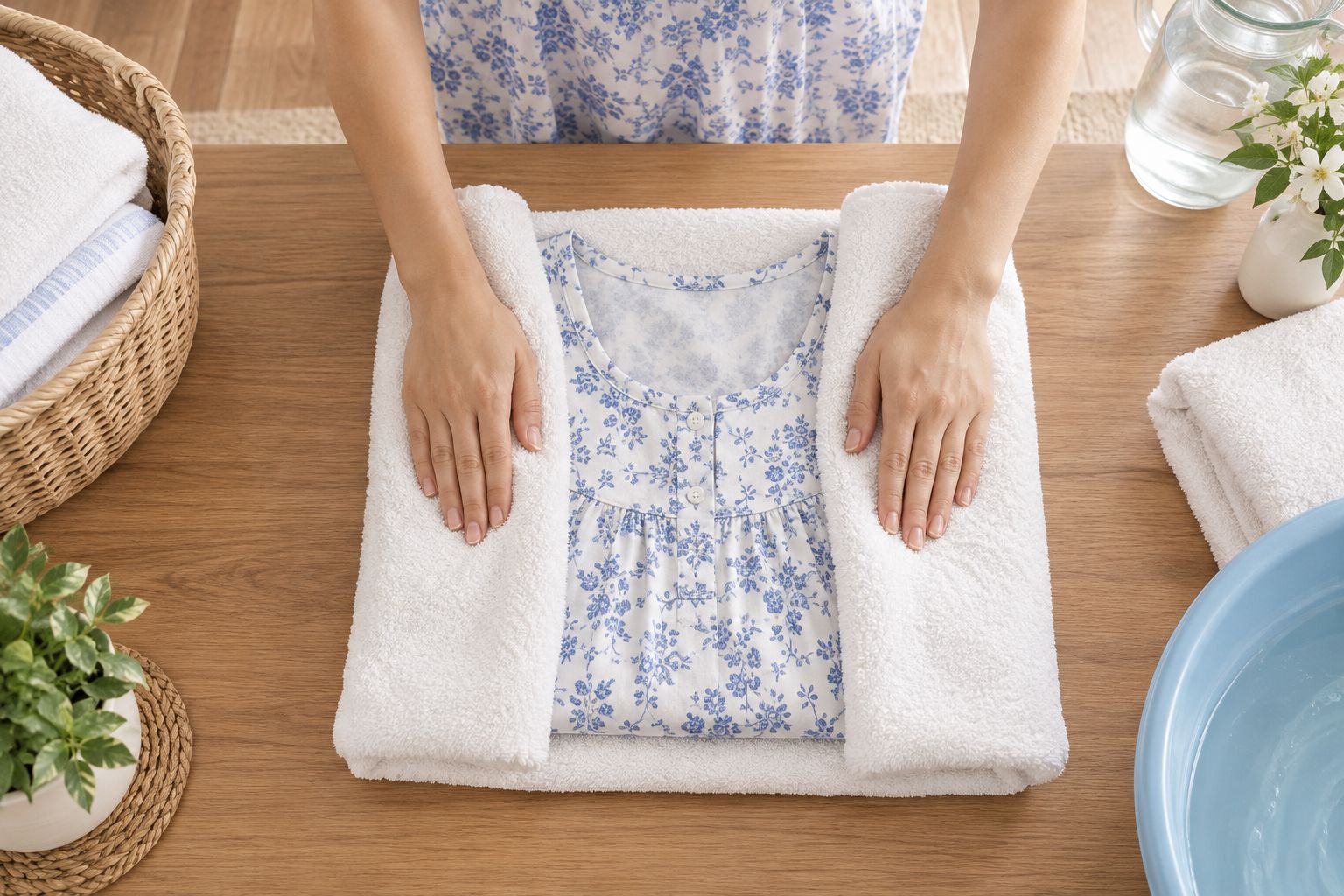 Hands pressing a towel around a cotton nightdress without twisting the fabric
