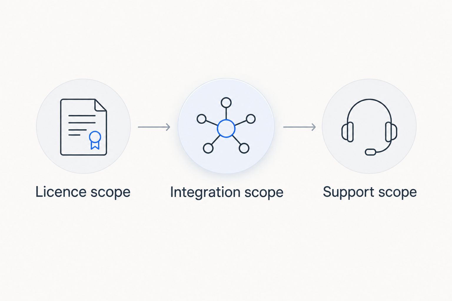 Three purchasing checks covering licence scope, integration scope and support scope.