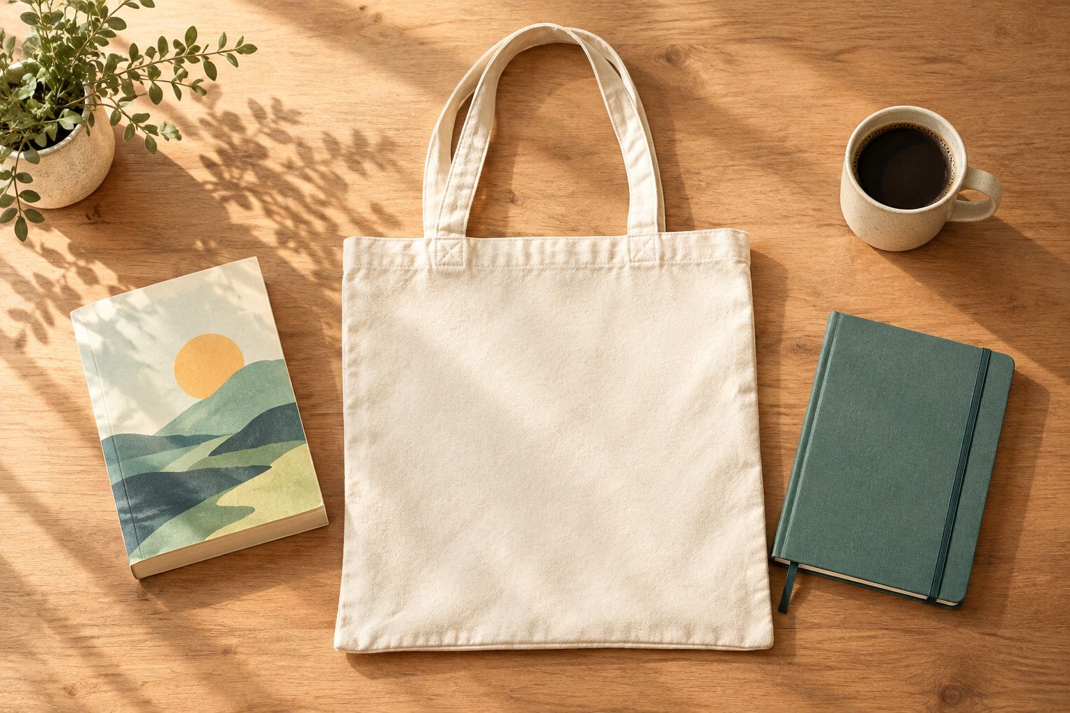 Plain tote beside a paperback and notebook, showing handles, seams, and the central panel.