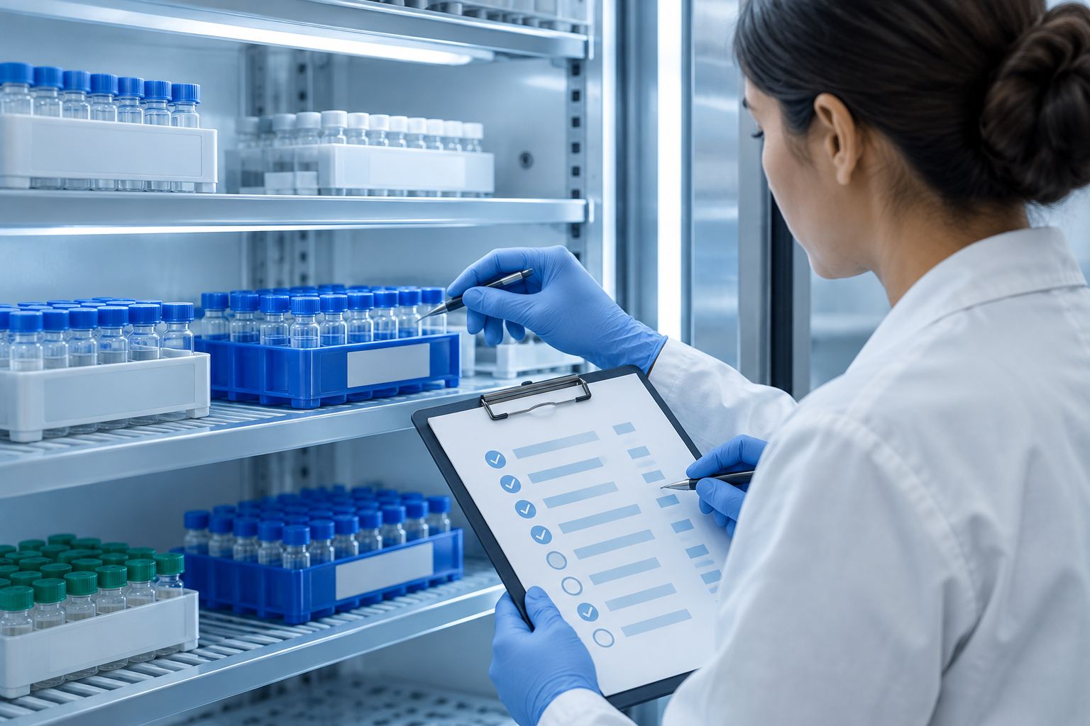 Laboratory worker checking peptide vial inventory in a freezer