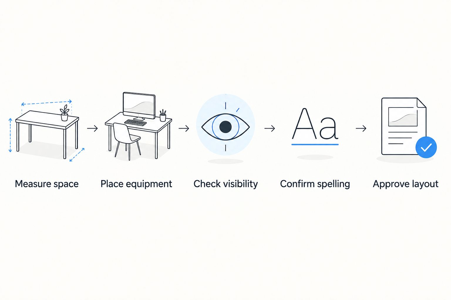 Five checks for desk fit, equipment placement, visible artwork, spelling, and layout approval