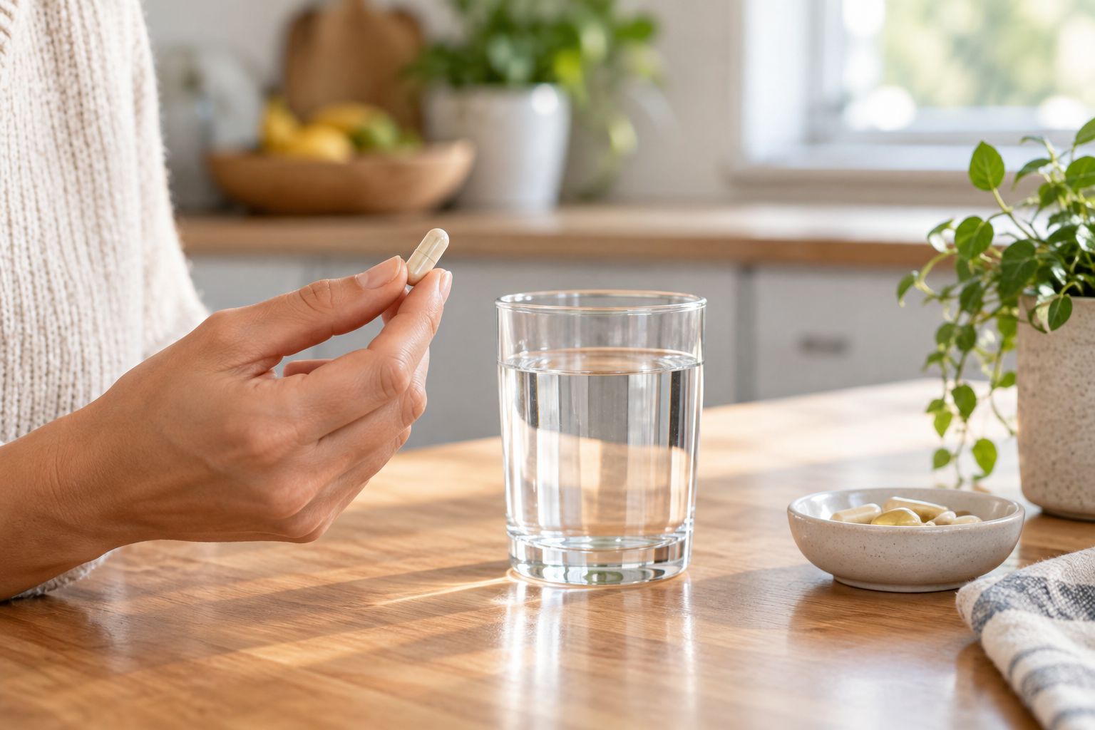 Hand holding a supplement capsule next to a glass of water