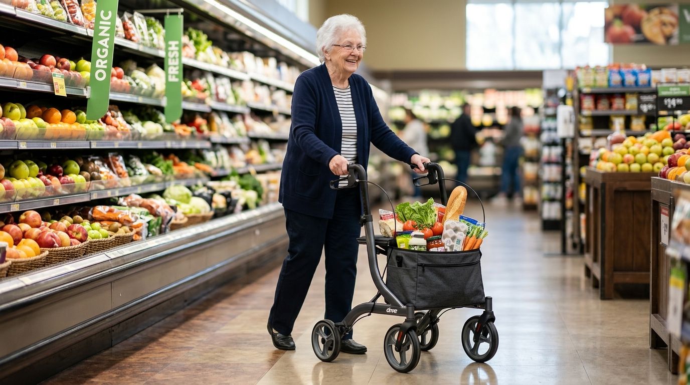 Rollator walkers for grocery shopping with seat storage