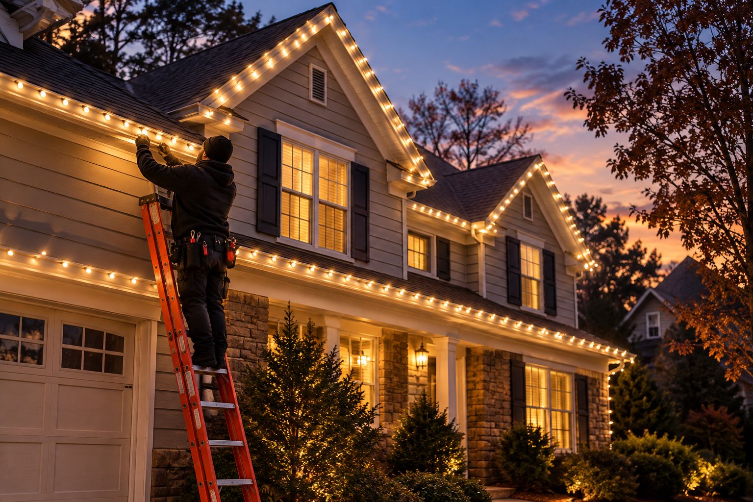 Warm white LED string lights installed along a home roofline at dusk