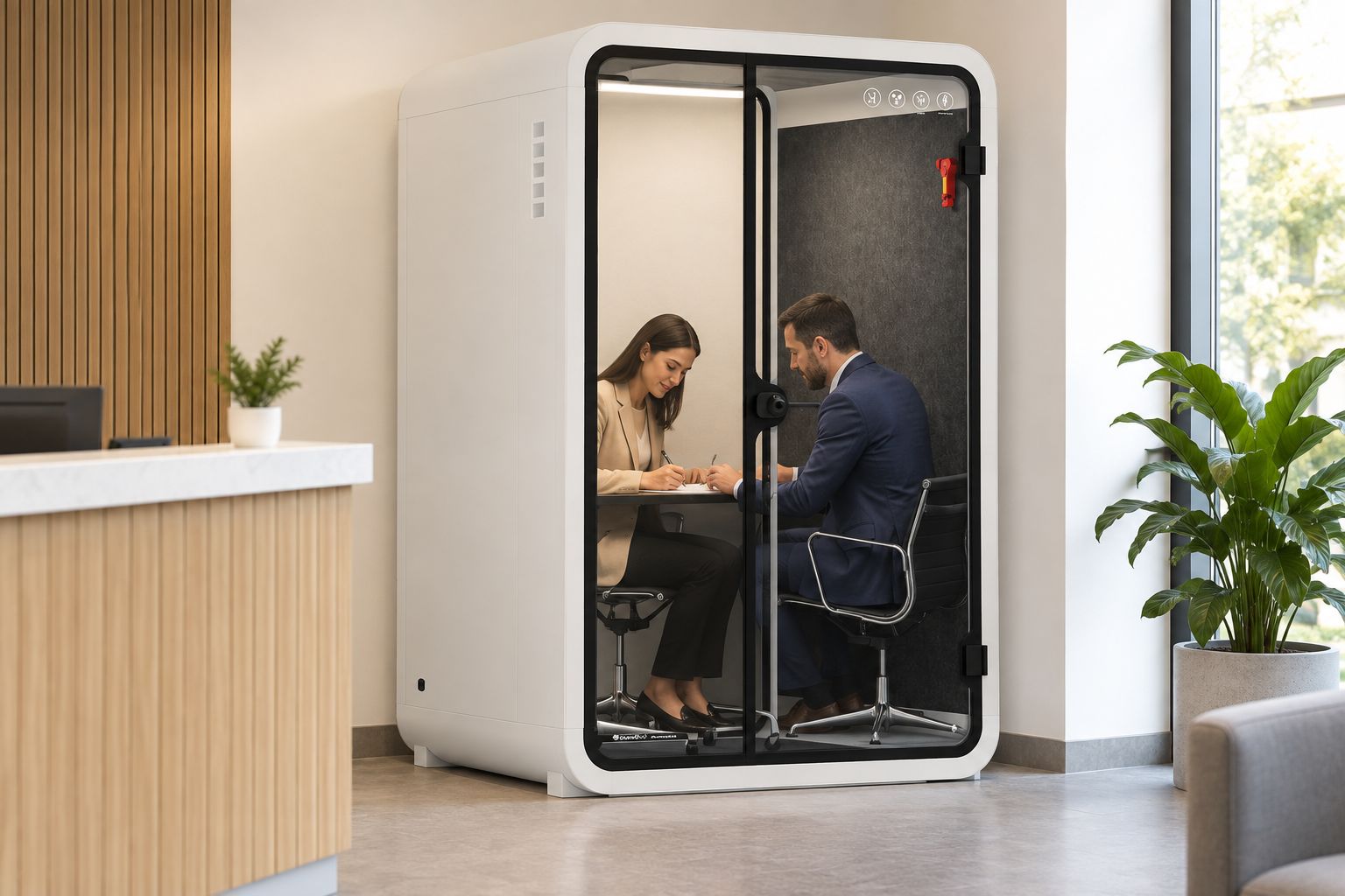 Two people inside an acoustic meeting booth signing a document near a reception counter