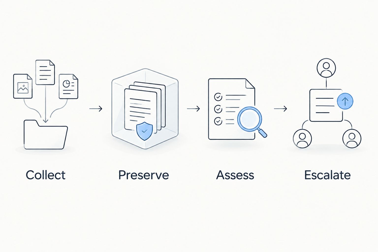 Four-stage executive monitoring workflow: collect, preserve, assess, and escalate.