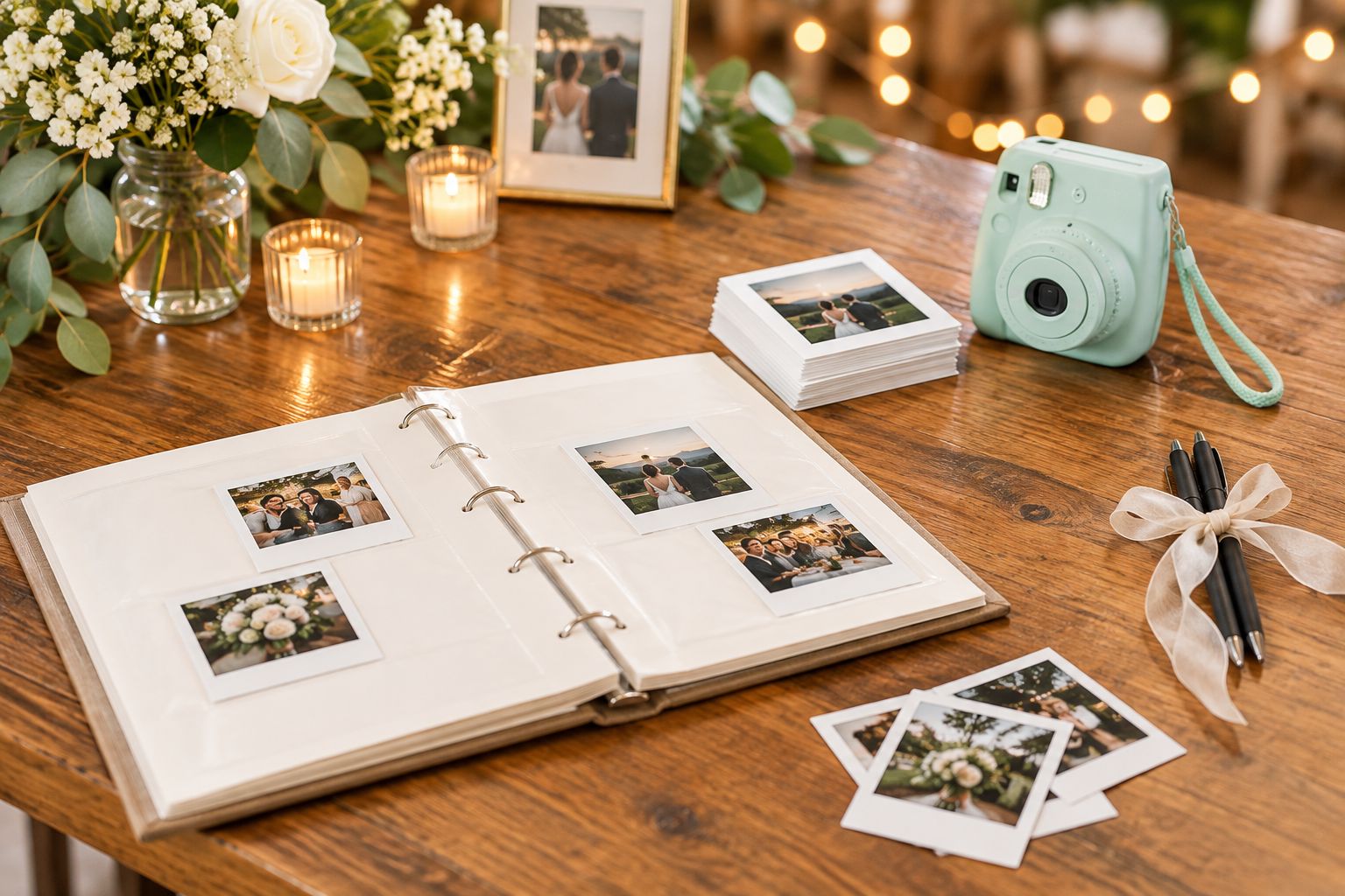 Wedding guest book table with instant camera, prints and open album