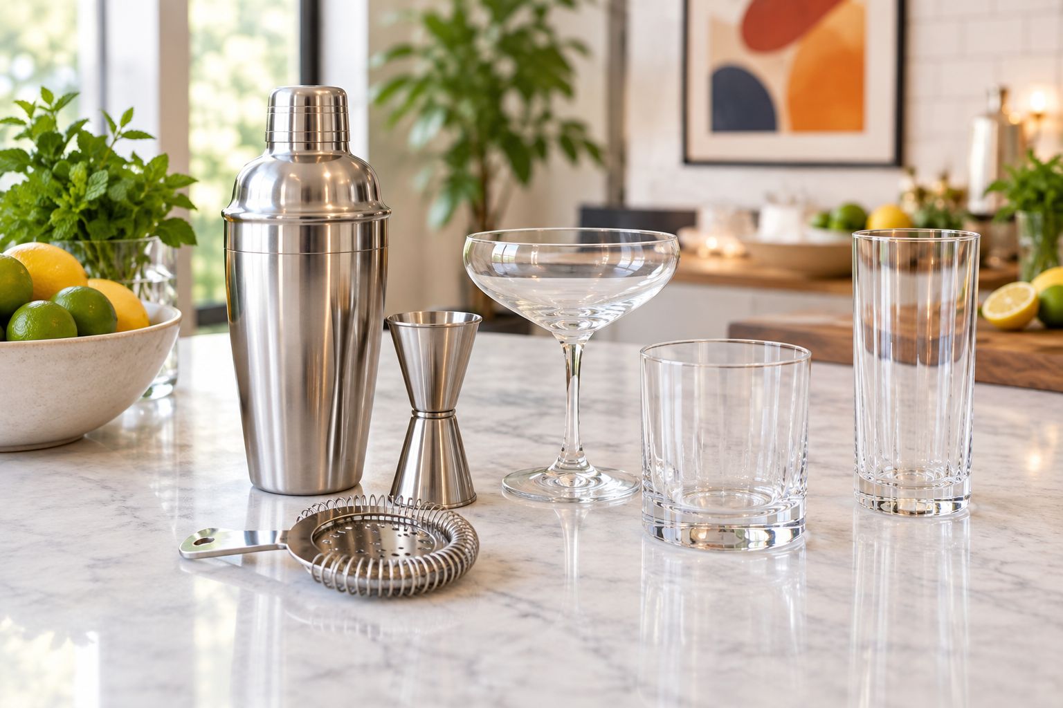 Coupe, rocks, and highball glasses beside a shaker, jigger, and cocktail strainer
