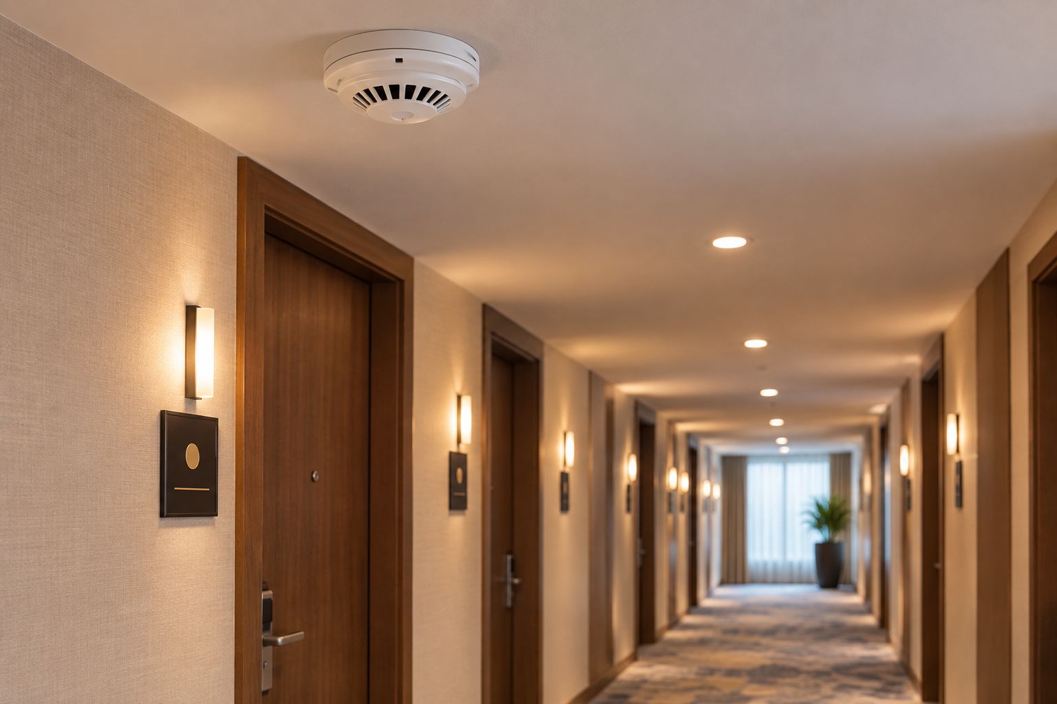 Fire Alarm System for Hotels: 2026 Setup Guide 2 Smoke detector mounted on a hotel corridor ceiling