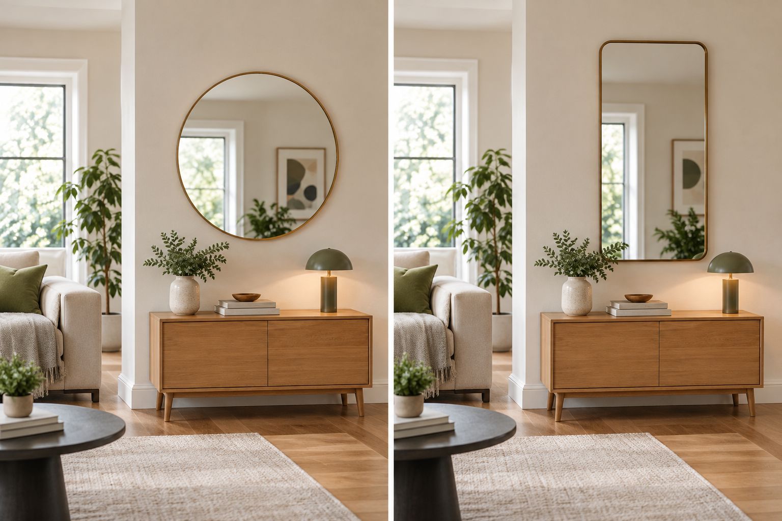 Round and tall rectangular mirrors compared above a compact console