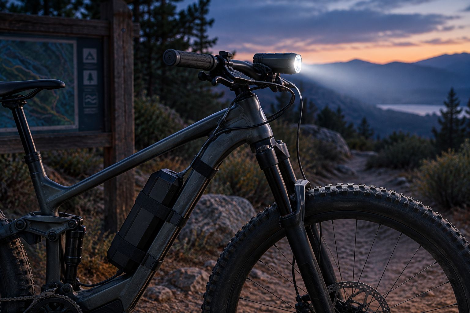 A mountain bike with a handlebar light, secured frame battery and cable clear of the controls.