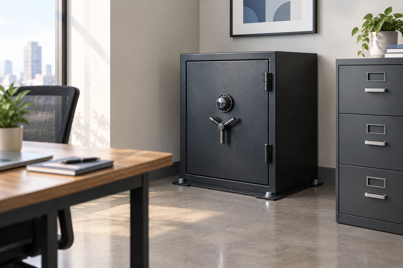Steel office safe bolted to the floor in the corner of a small office