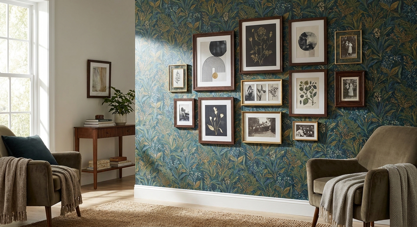 How to layer wallpaper with framed art in one room
