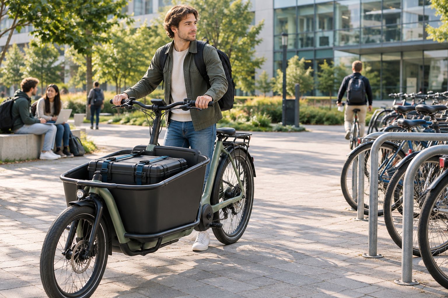 Een bakfiets met vastgezette gereedschapskist bij een fietsenrek op een campus.