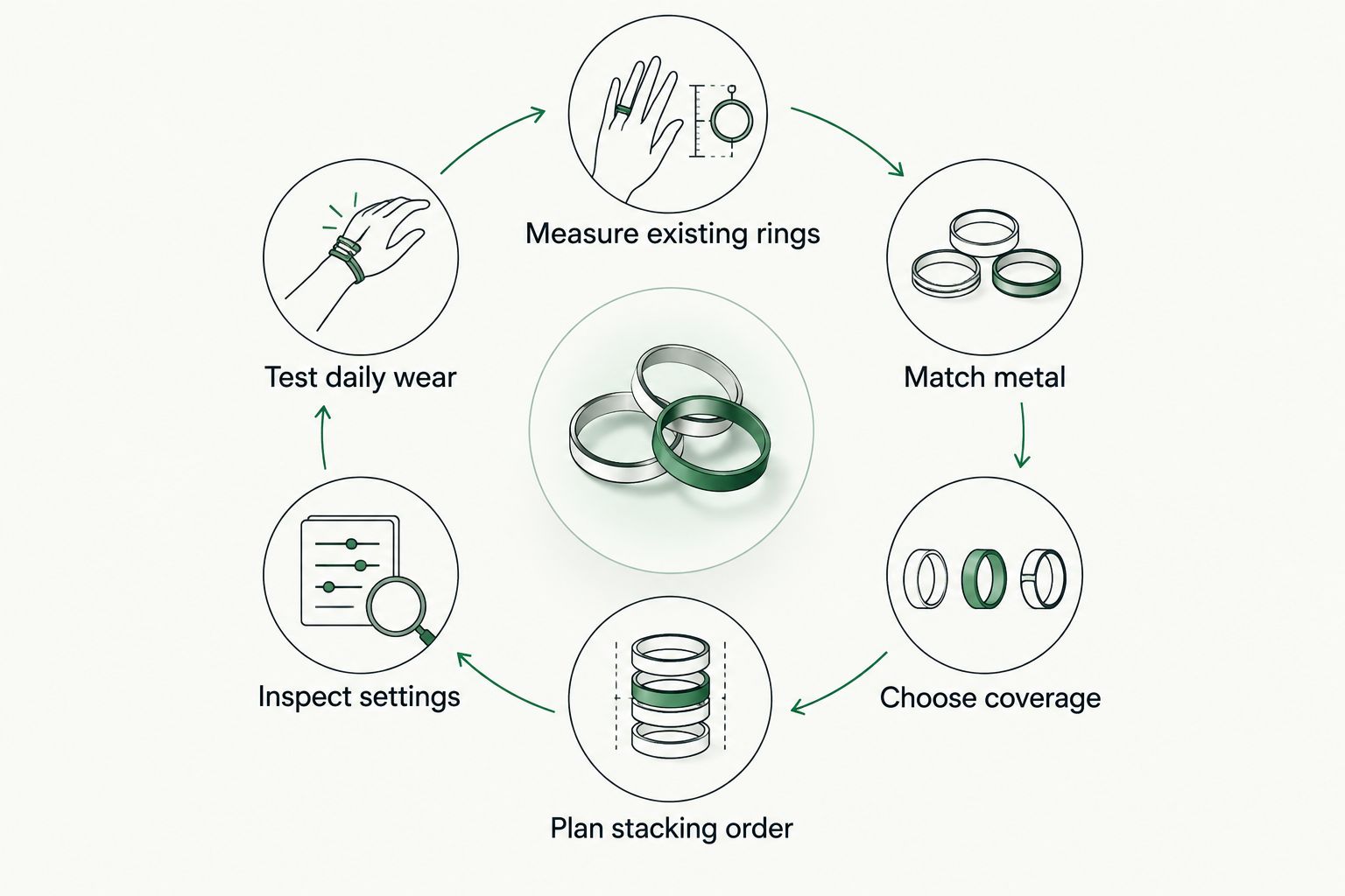 Six-stage process for choosing an eternity ring for a wedding stack