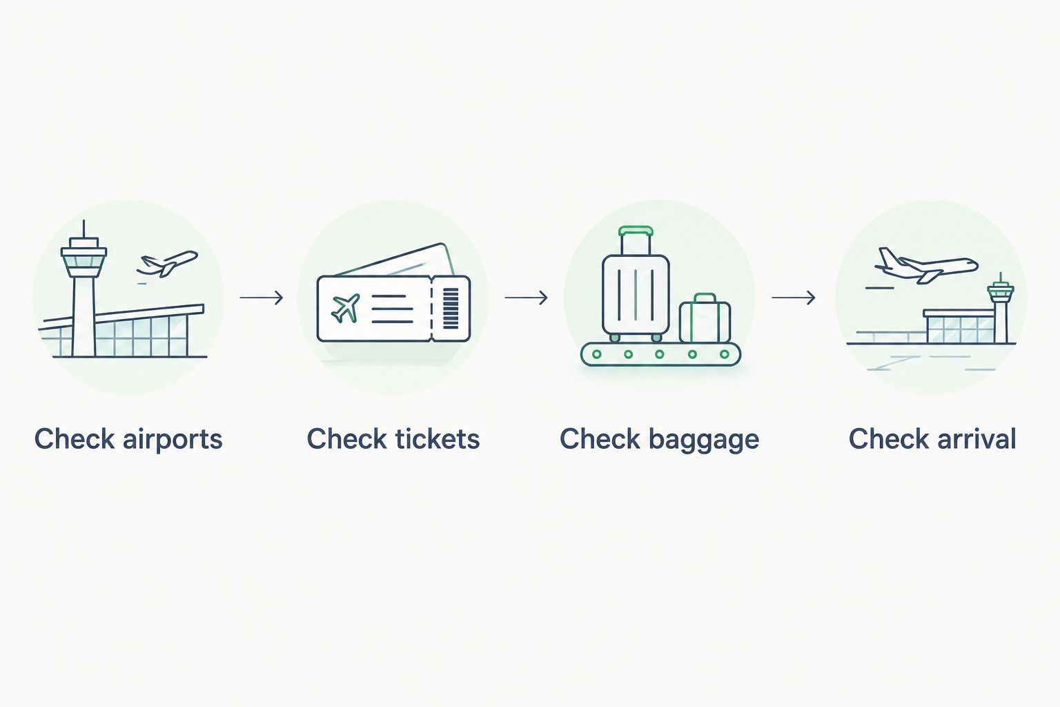 Booking checks covering airports, tickets, baggage and arrival arrangements