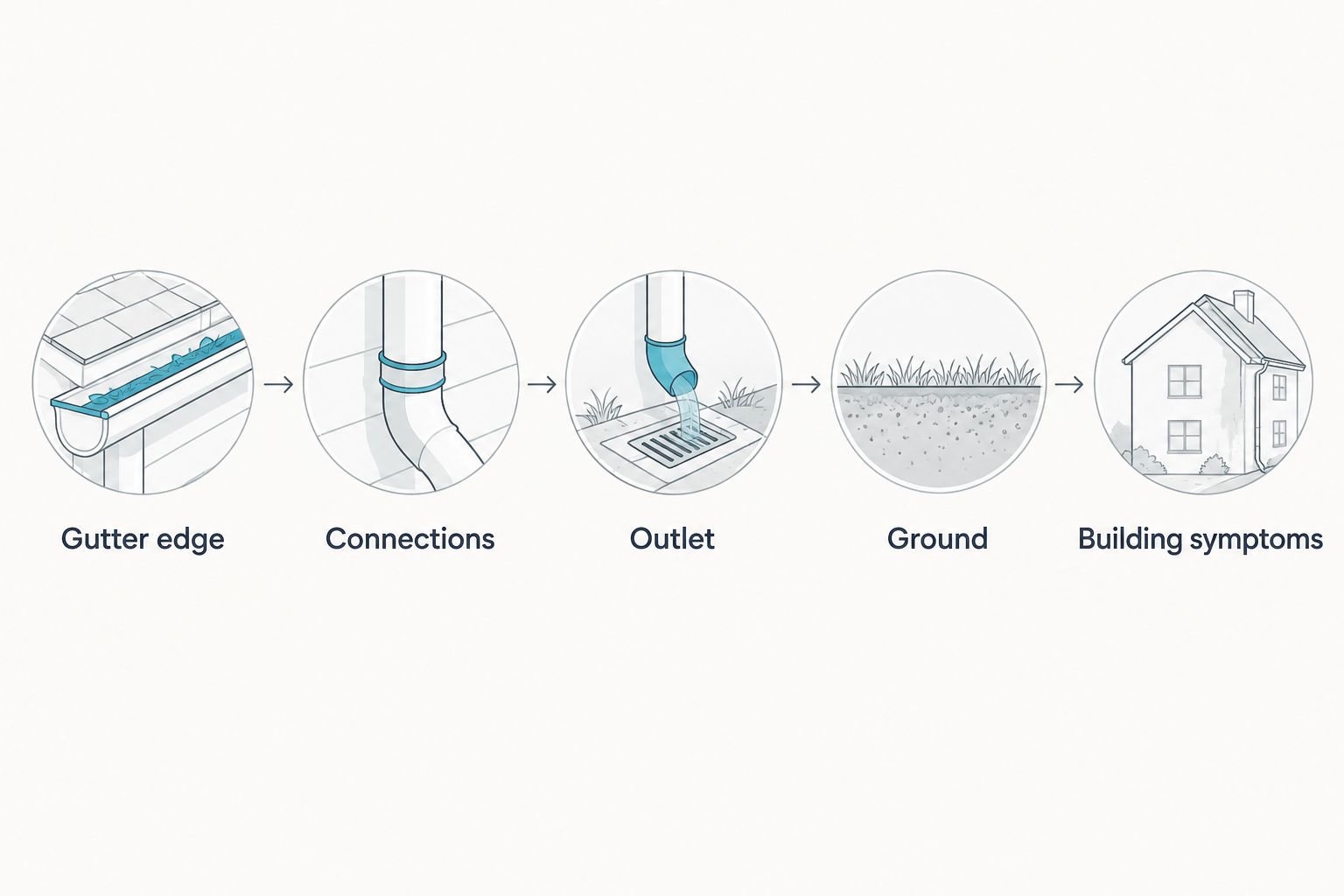 Inspection sequence from the gutter edge through the outlet to the ground and building symptoms