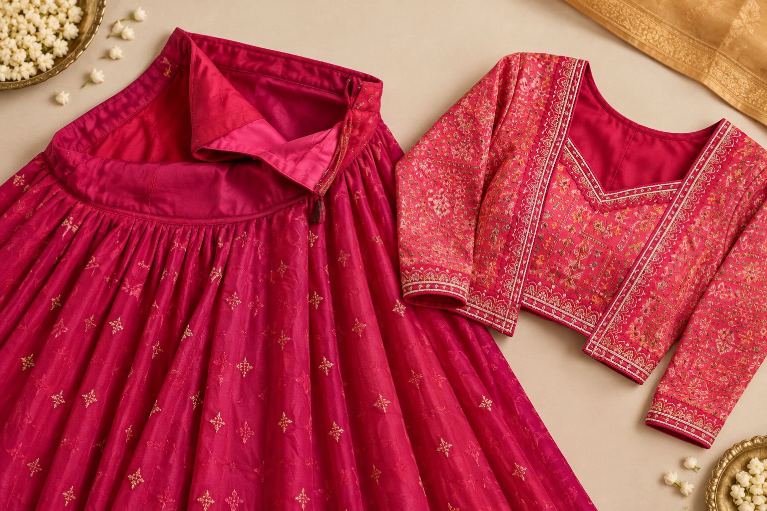 Occasion skirt and blouse with the waistband and lining visible for inspection