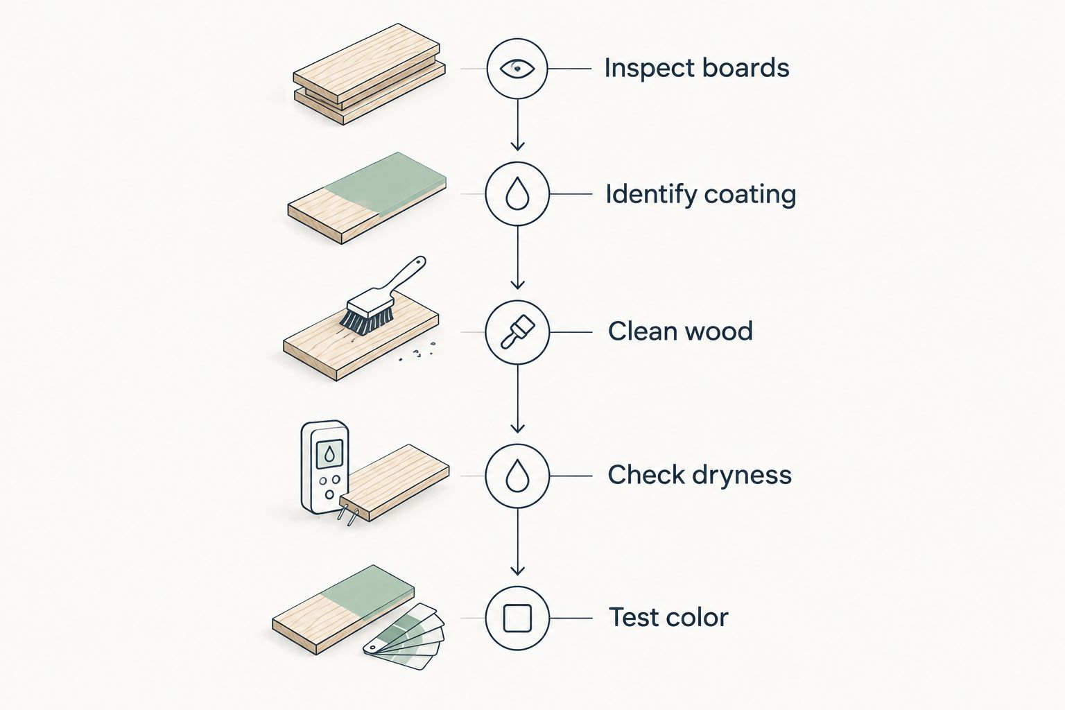 Deck preparation sequence from inspecting boards through testing stain color