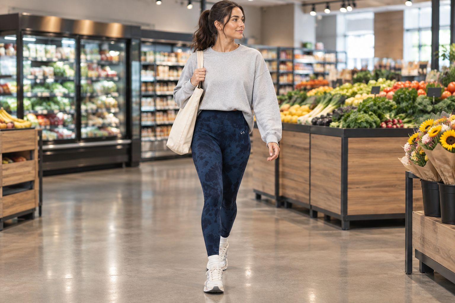 Woman wearing scrunch butt leggings with an oversized sweatshirt while shopping