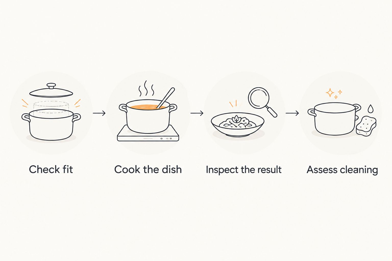 A liner trial sequence covering fit, cooking, finished food and cleaning.