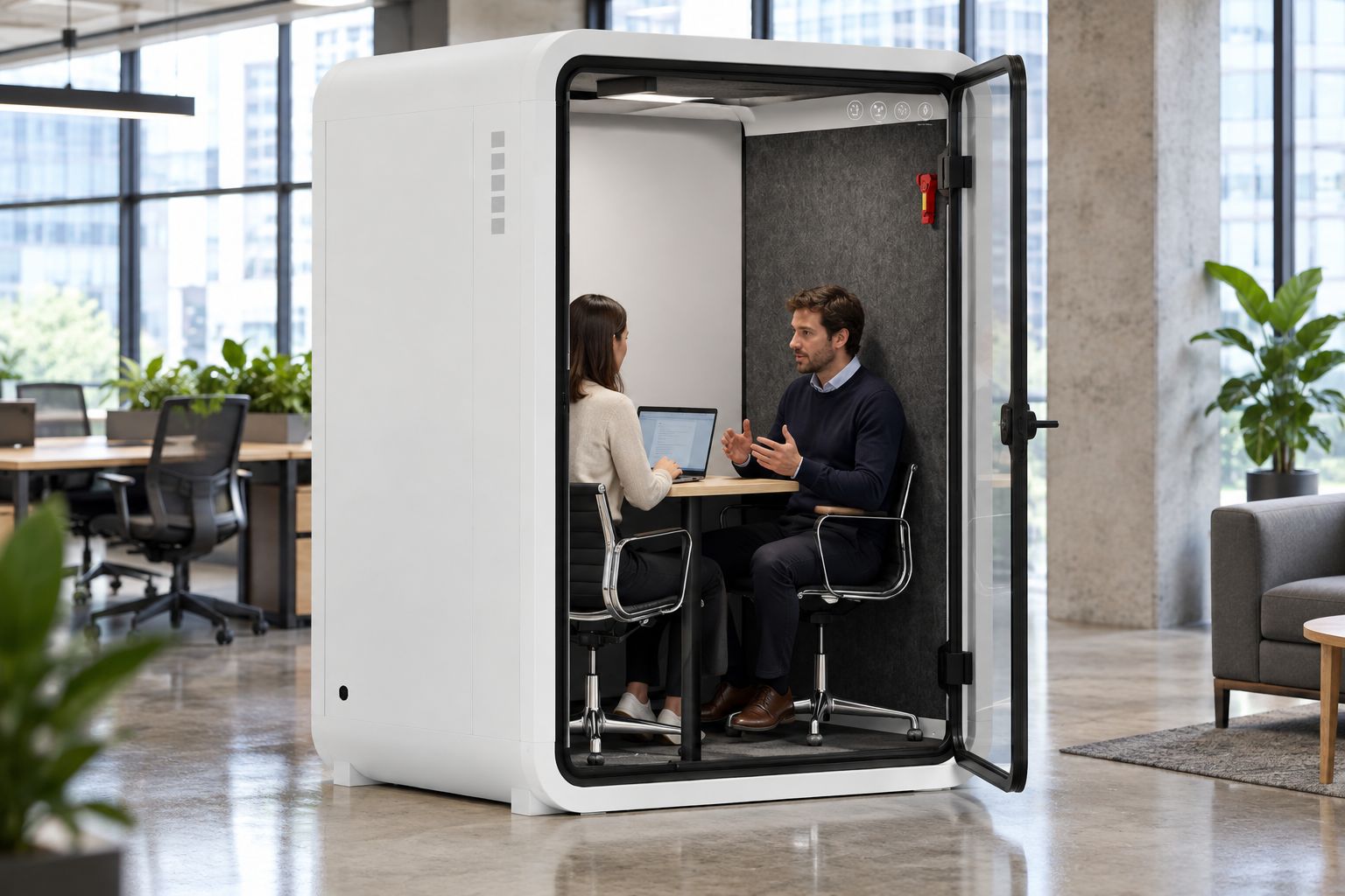 Two people using a 2-person meeting booth for a research interview