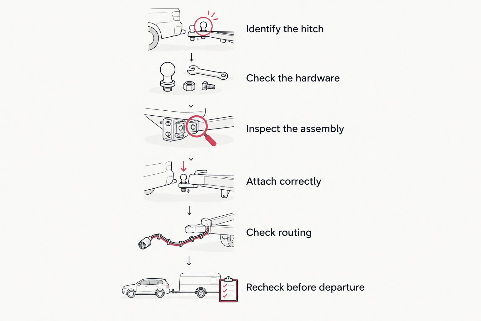 Inspection sequence from identifying the hitch to rechecking the trailer before departure