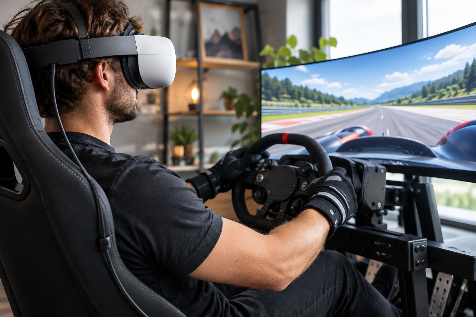 Förare i simrigg med VR-headset, fri plats runt huvudet och kabel vid sidan av stolen.