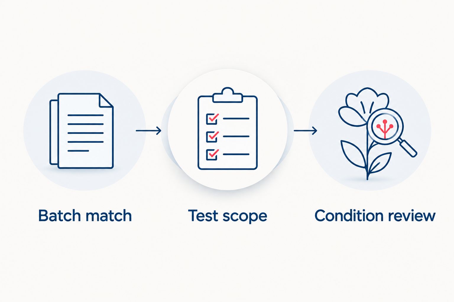 Three checkpoints for assessing flower: batch match, test scope, and condition review.
