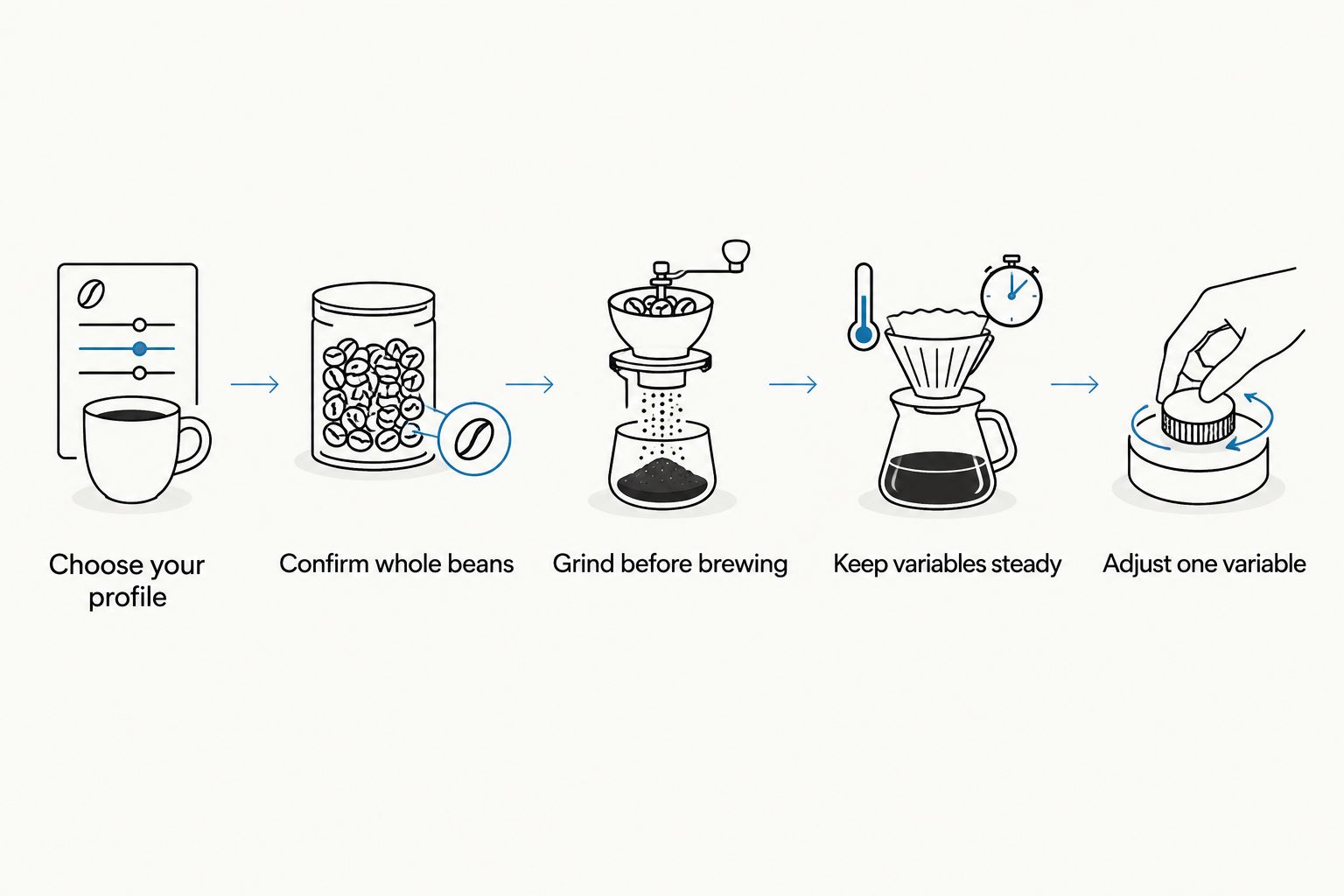 Five steps for choosing whole beans and comparing coffee with a consistent brewing recipe