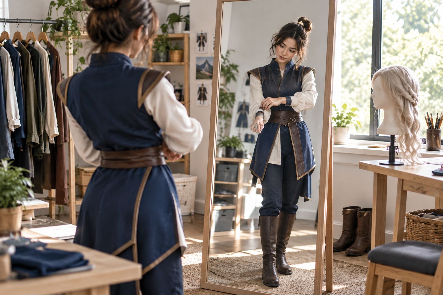 Cosplayer checking sleeve movement during a full-outfit fitting