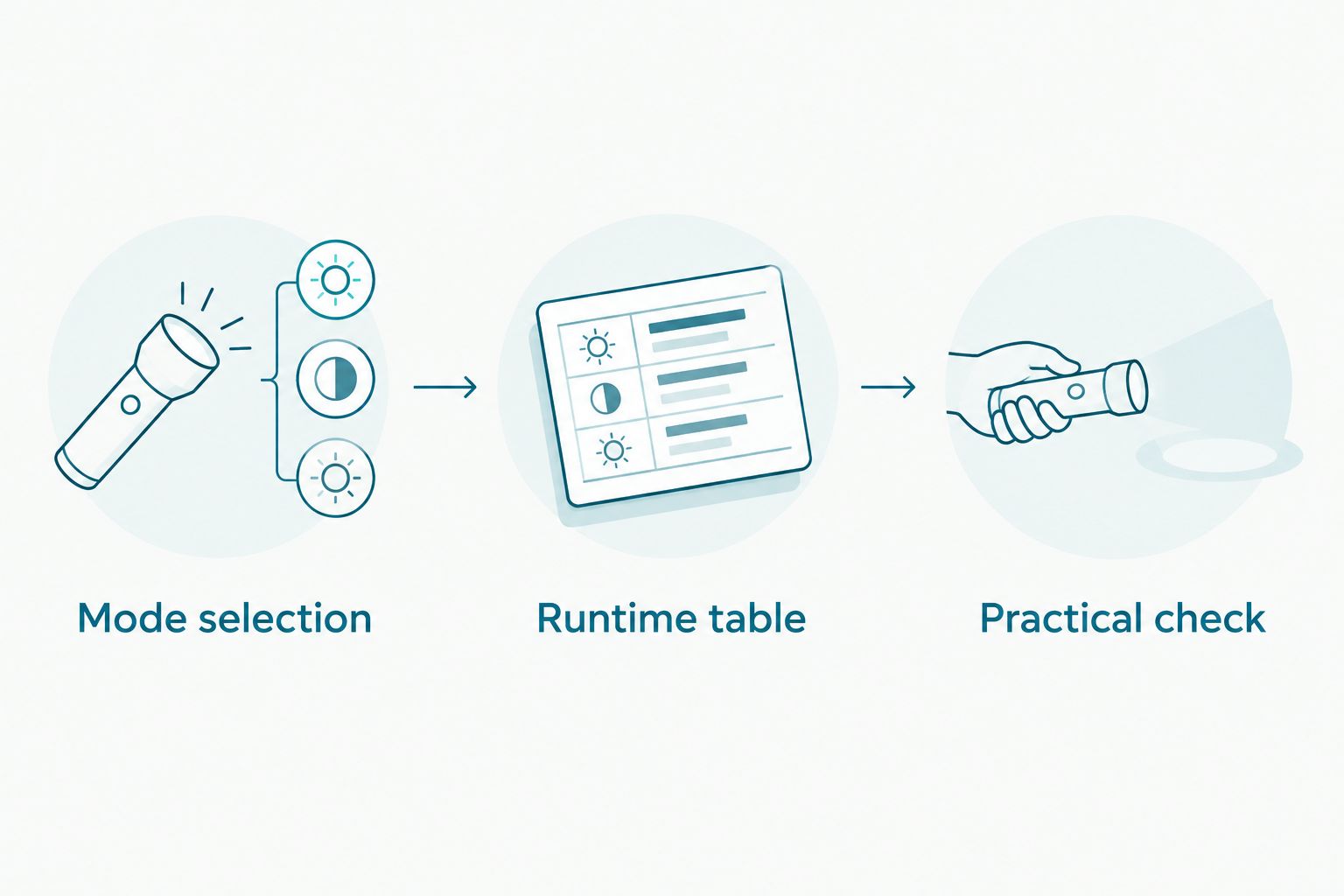 Three steps for checking torch runtime: select a mode, read its runtime table and check practical use.