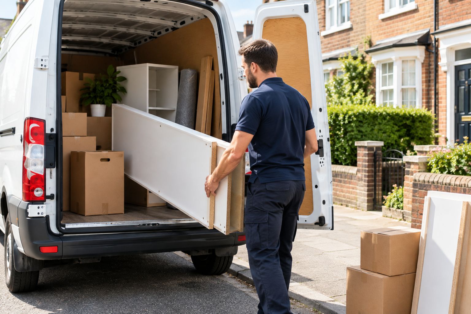 Man loading boxes and furniture into a panel van outside a house