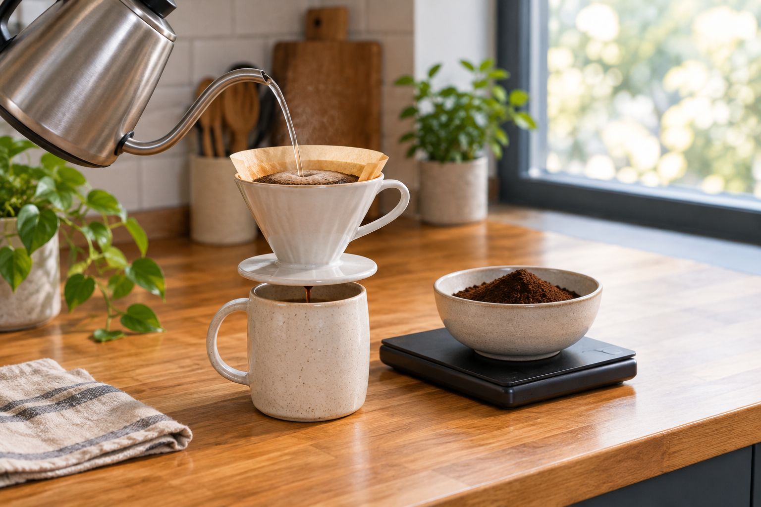 A manual coffee brewer with ground coffee, a kitchen scale, and a kettle