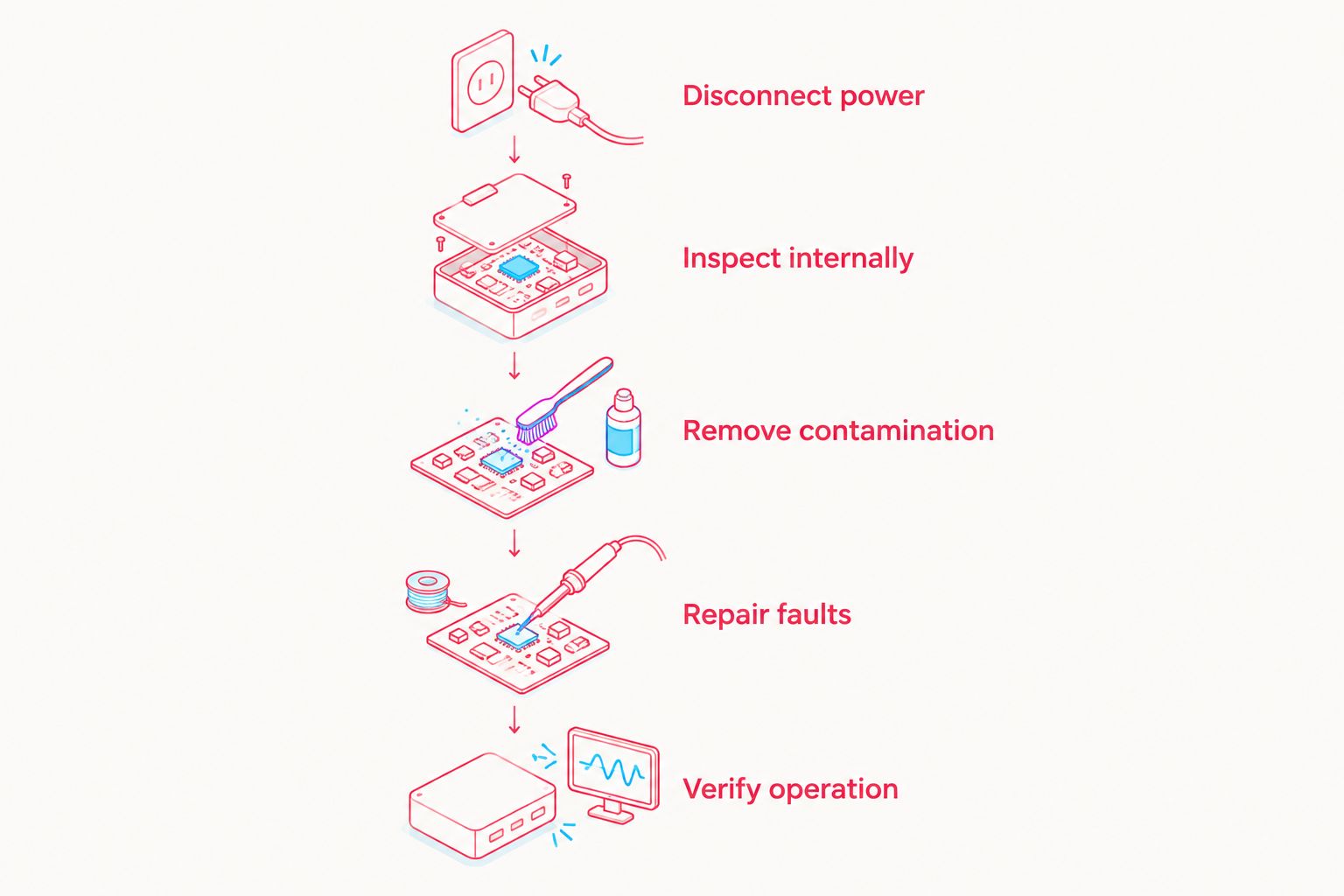 Repair sequence from disconnecting power through inspection, cleaning, fault repair and verification