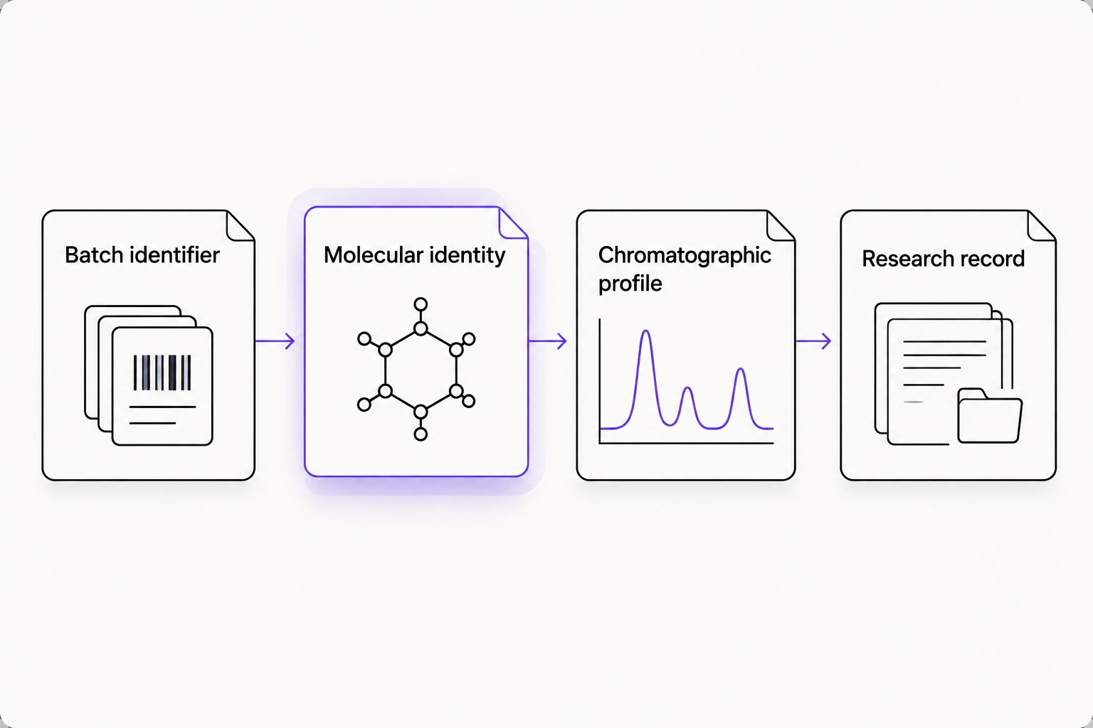 Documentation chain connecting a batch identifier, molecular identity, chromatographic profile, and research record